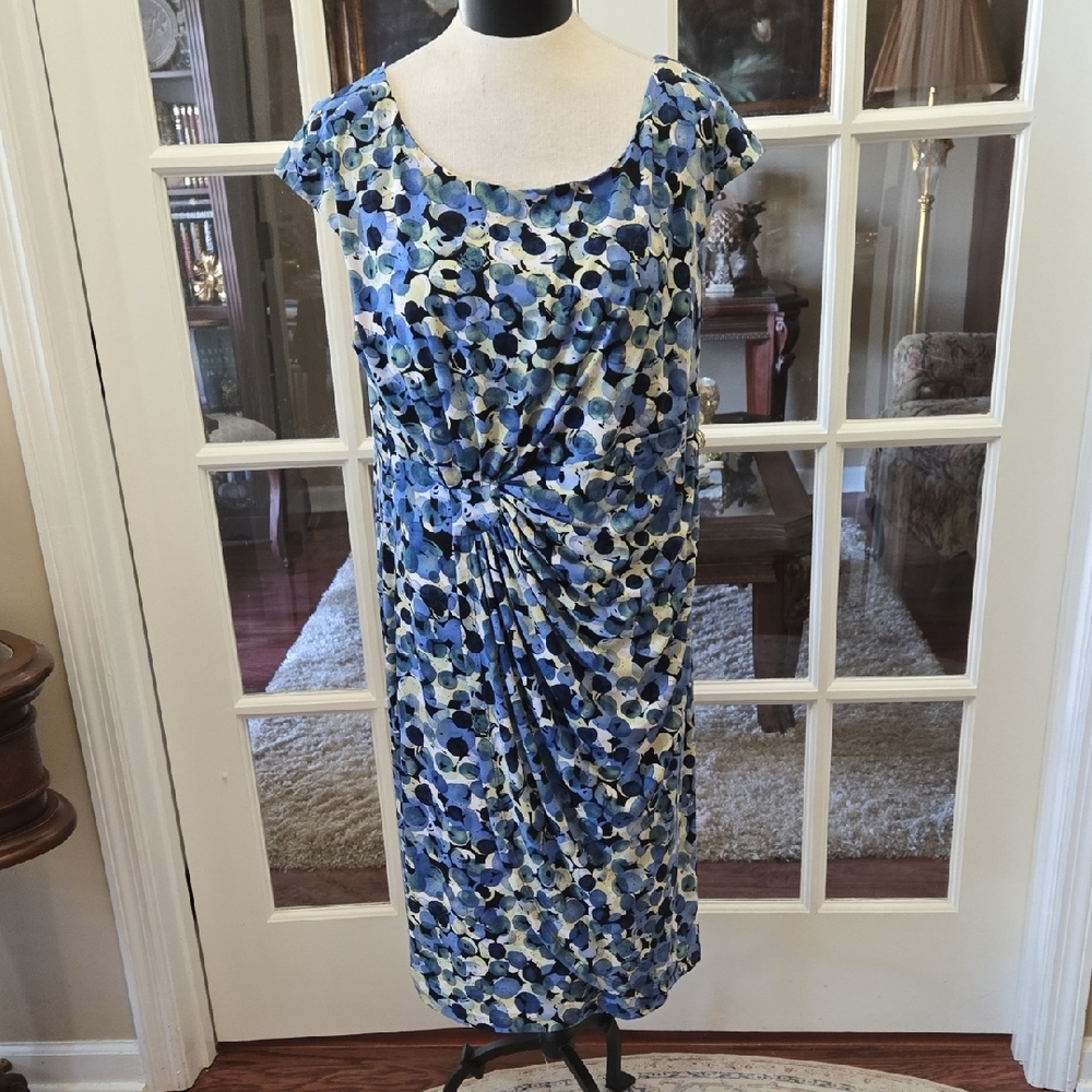 Connected Apparel Blue and White Abstract Knot-Front Midi Dress Cap Sleeve 14W
